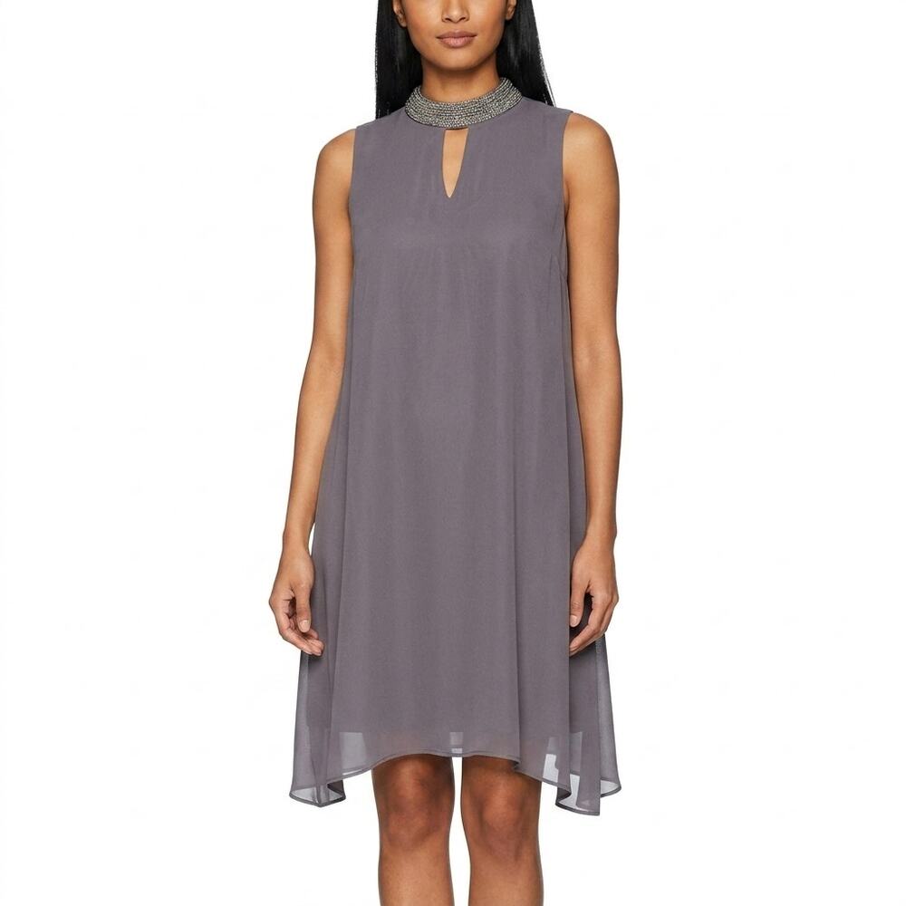 Perceptions New York Gray Chiffon Asymmetrical Hem Dress Women Size 10